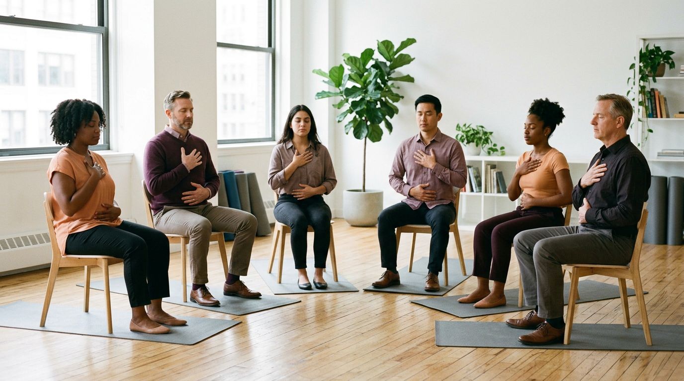 Colleagues seated in a circle in a bright office, each with a hand on the chest for a breathing exercise
