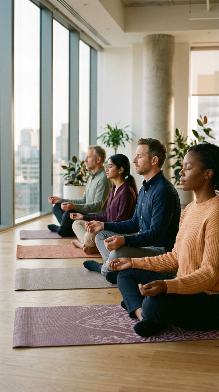 Colleagues meditating cross-legged on mats in a meeting room with city views