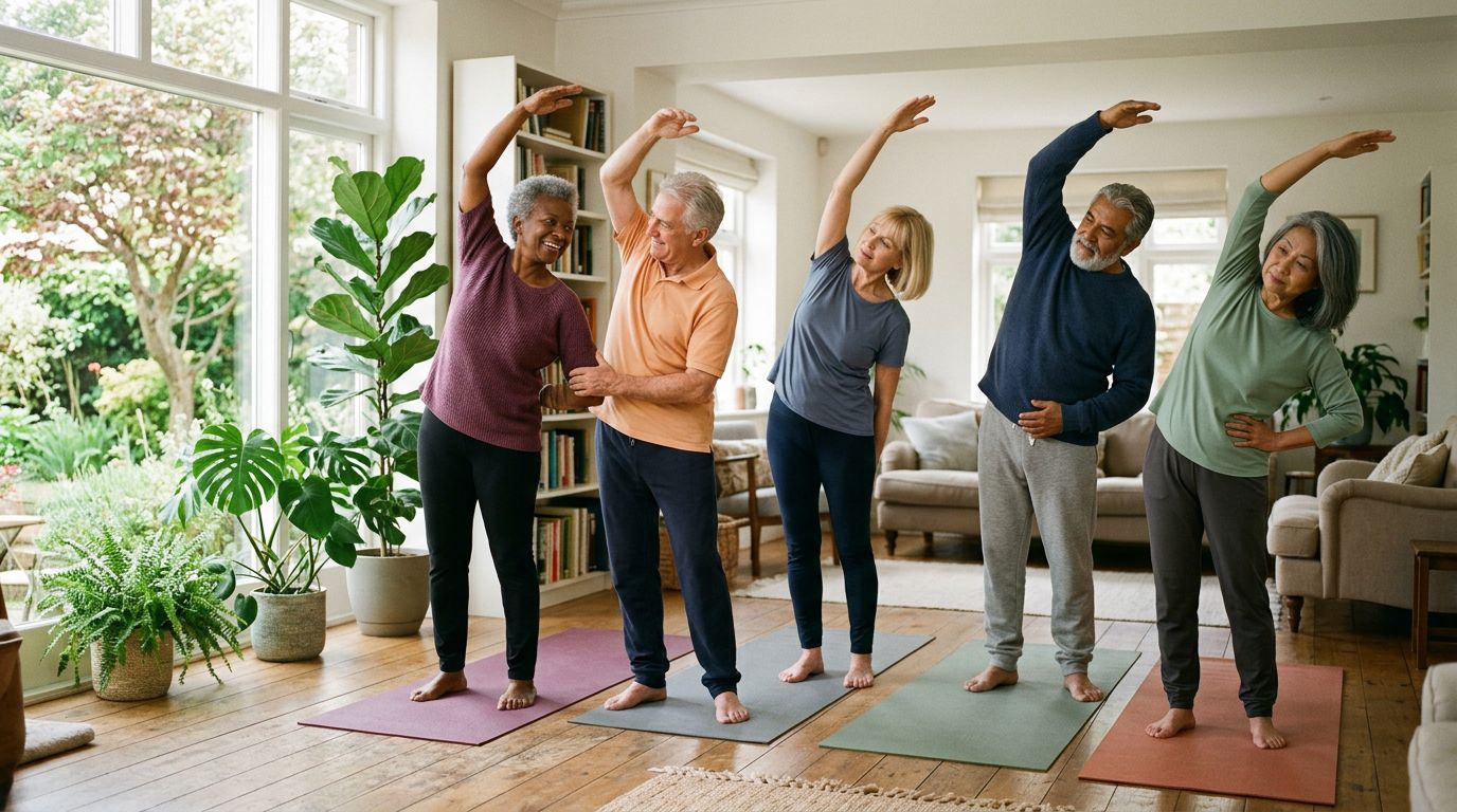 Five older adults side-stretching together on yoga mats in a bright living room