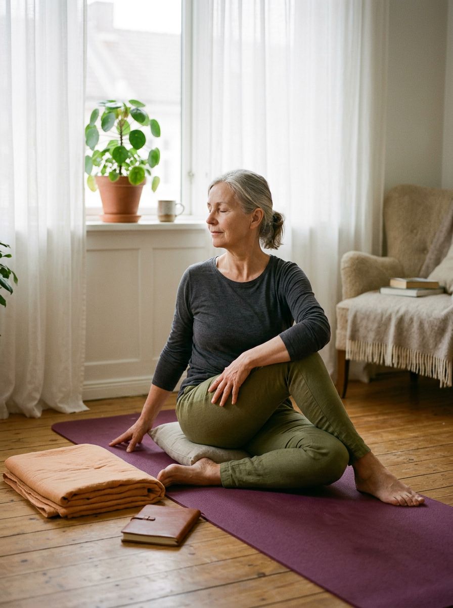 An older woman in a gentle seated twist on a yoga mat in her living room