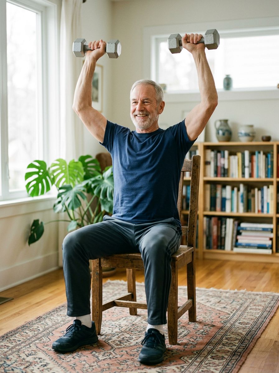 A smiling older man seated on a wooden chair at home, lifting two dumbbells overhead