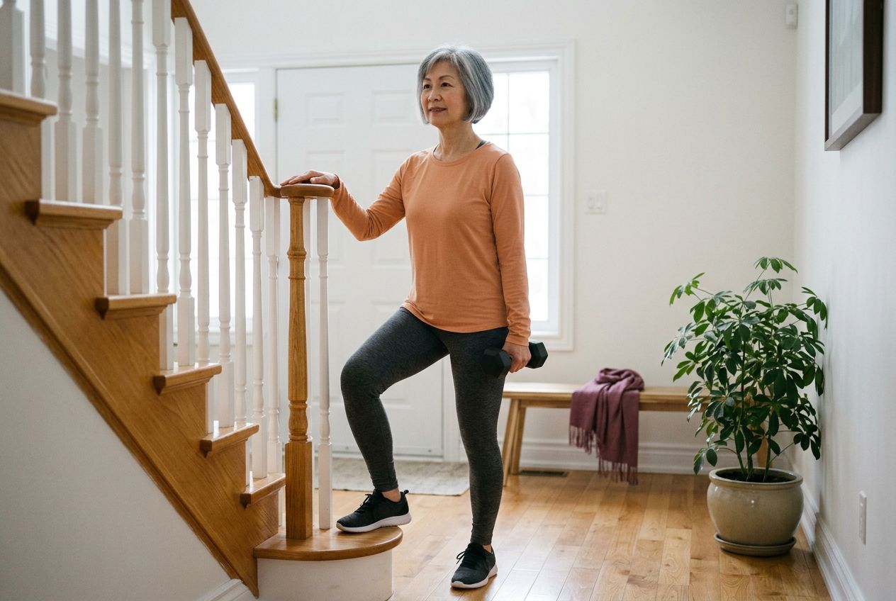 An older woman stepping up onto the bottom stair at home, holding a small weight and the banister
